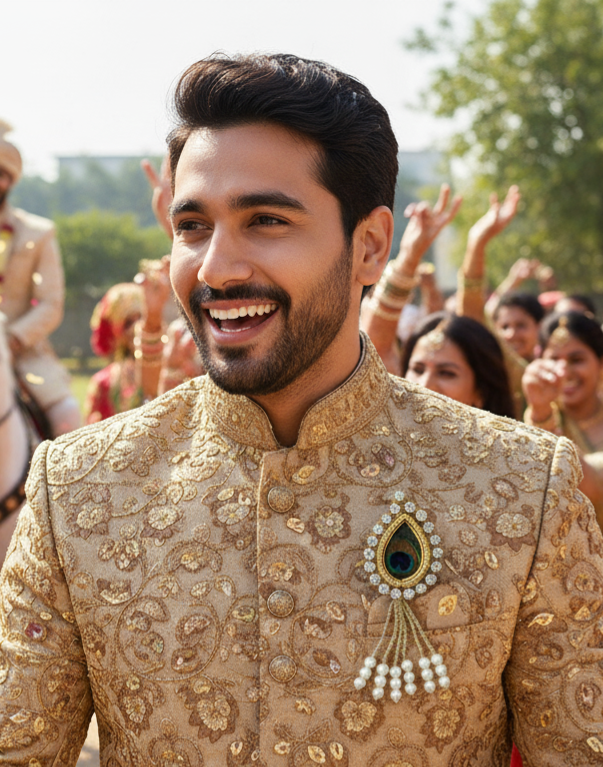 Peacock Feather Brooch with Pearl Tassels – Elegant Wedding, Haldi & Mehndi Accessory