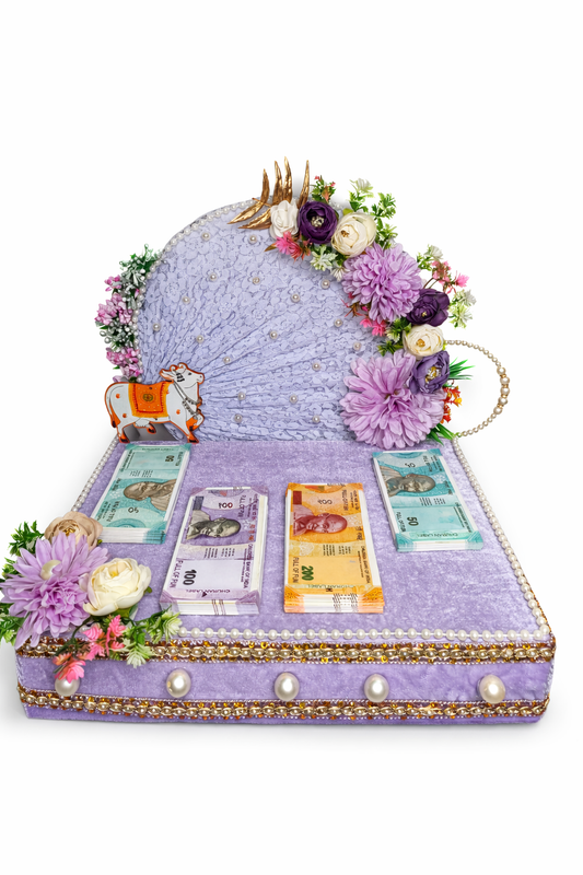 Luxury Floral Cash Gaddi Tray for Shagun, Wedding & Festive Gifting (Lavender Theme)