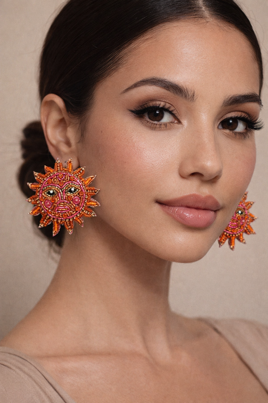 Handmade Sun Face Beaded Earrings | Statement Boho Earrings for Women | Festive Ethnic Jewelry          Handcrafted Sun Motif Earrings – Bold Beaded Statement Jewelry for Women