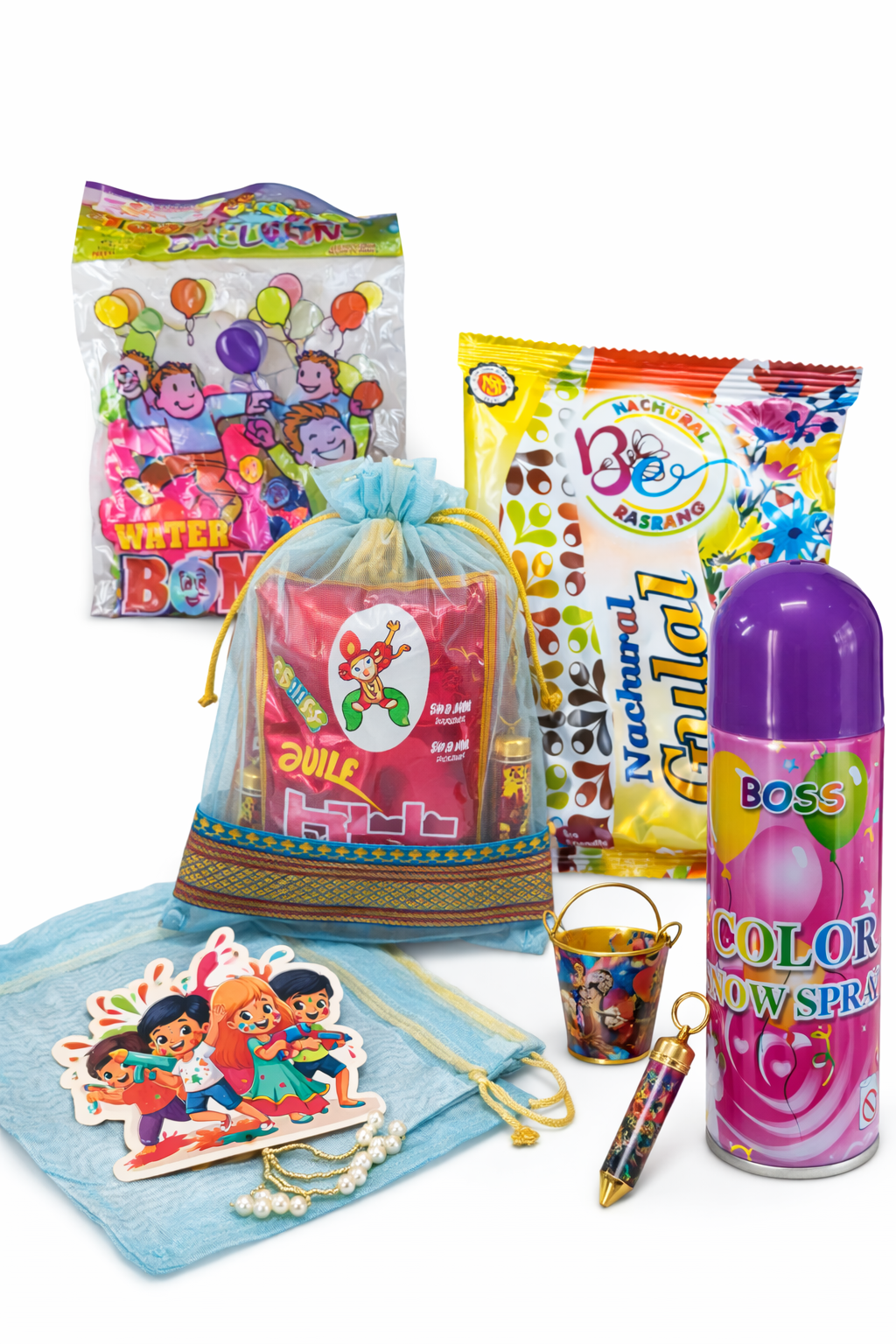 Complete Holi Fun Kit Combo | Gulal Pack, Water Bomb Balloons, Color Spray & Mini Pichkari Set