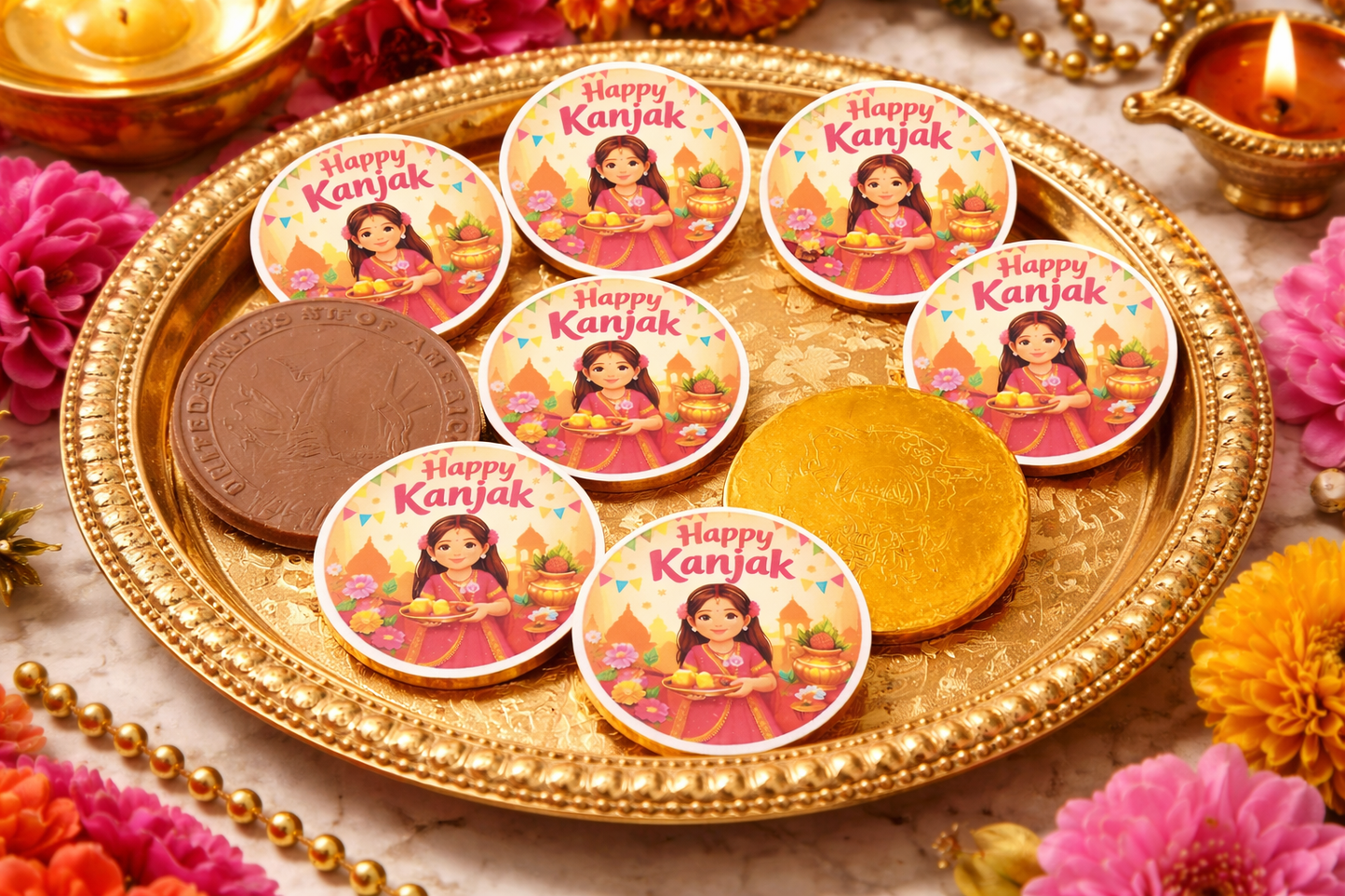 Happy Kanjak Chocolate Coin – Navratri Kanjak Return Gift Chocolate | Cute Little Goddess Sticker | House of Bulbul
