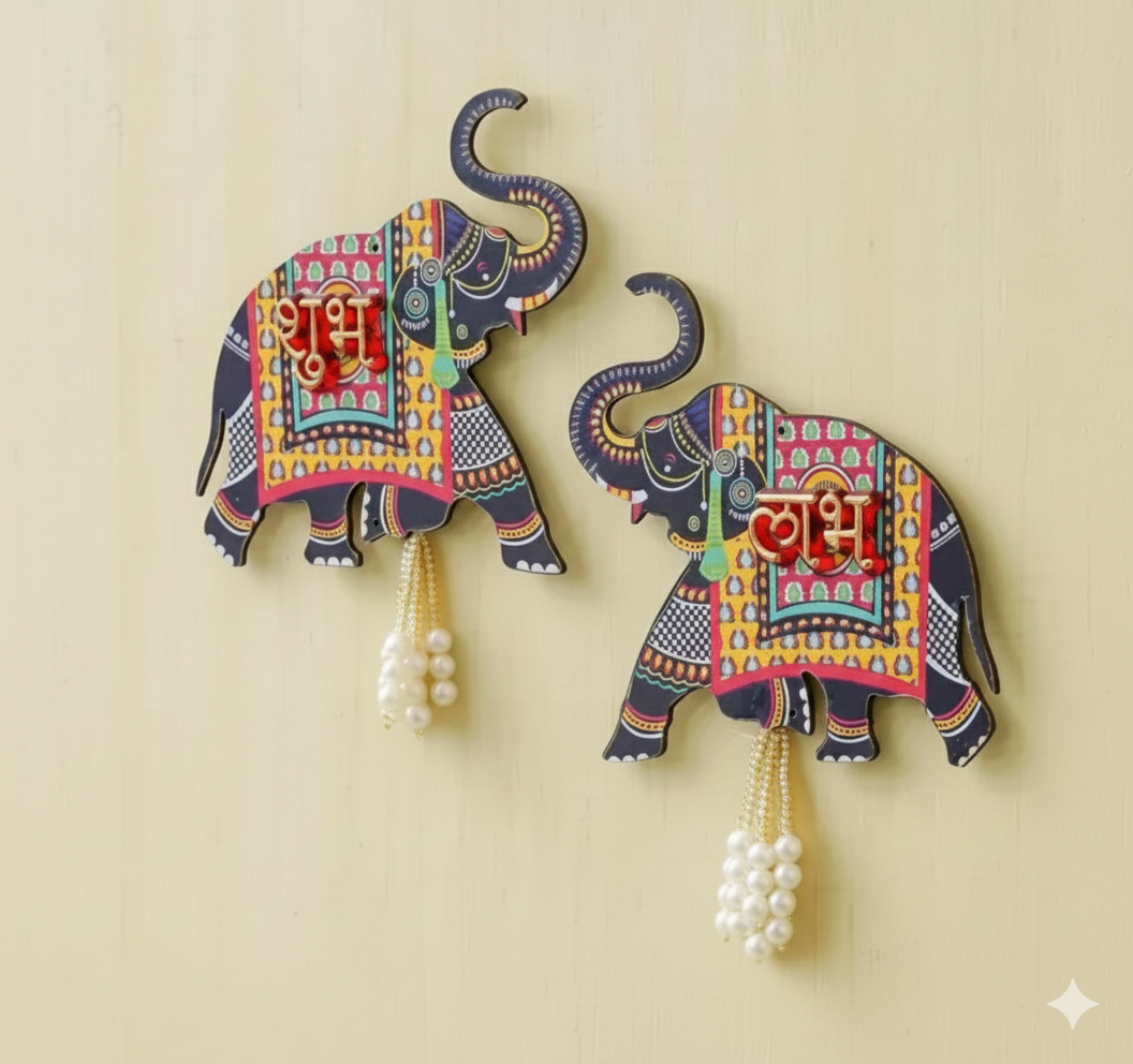 Shubh Labh Elephant MDF Magnet Set – Vibrant Printed Wall & Fridge Décor