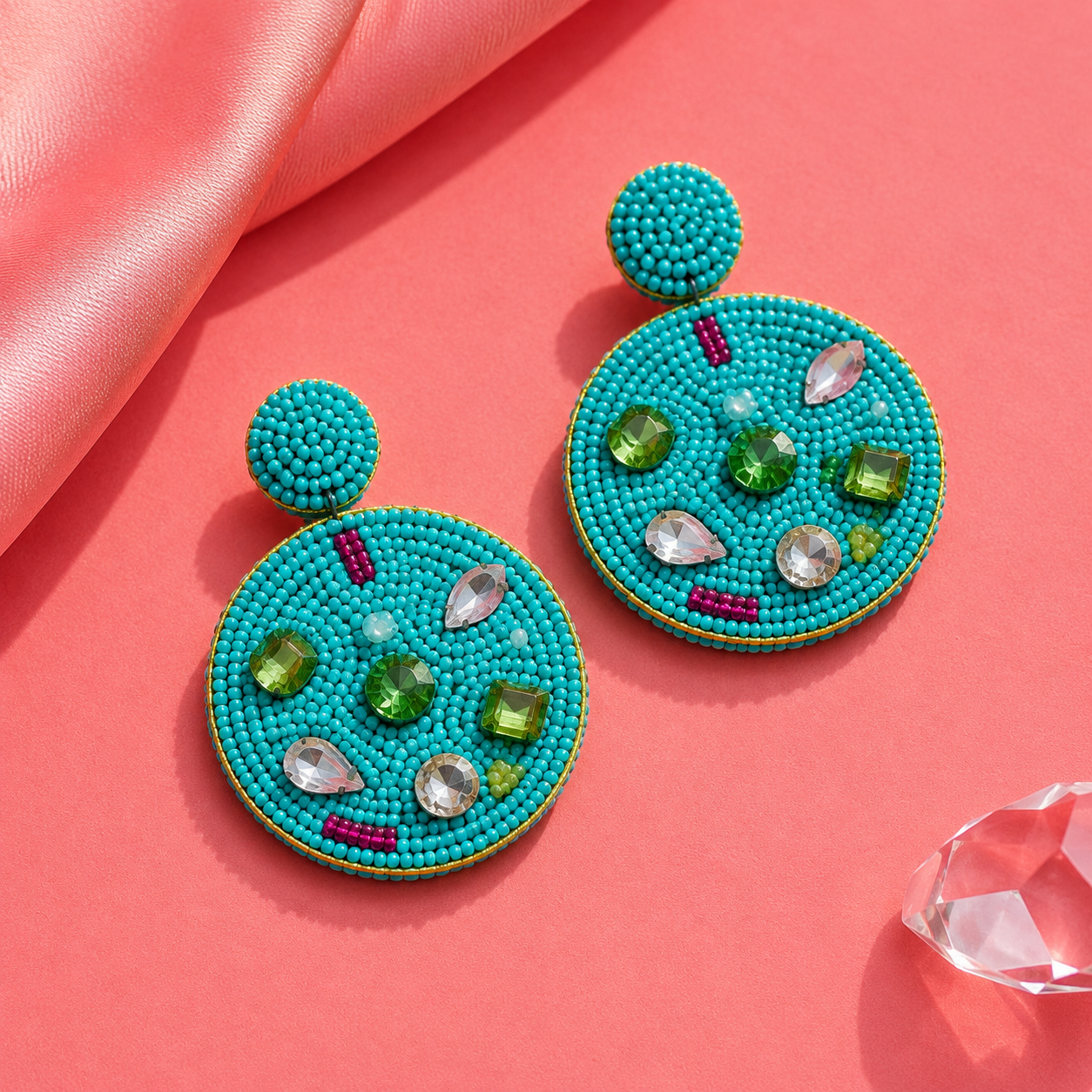 Turquoise Beaded Statement Earrings | Handmade Crystal Embellished Earrings | House of Bulbul