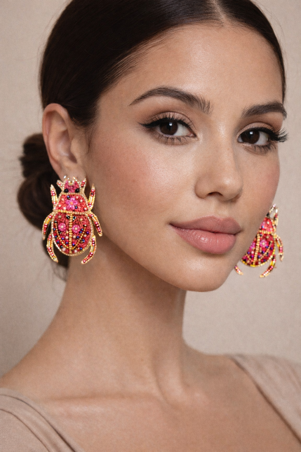 Handmade Beaded Beetle Earrings | Statement Boho Earrings in Pink & Gold | Artisanal Festive Jewelry