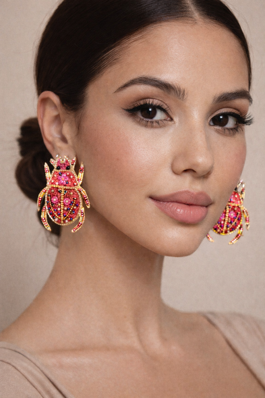 Handmade Beaded Beetle Earrings | Statement Boho Earrings in Pink & Gold | Artisanal Festive Jewelry