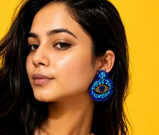 Evil Eye Beaded Statement Earrings for Women | Handmade Blue Boho Earrings | House of Bulbul