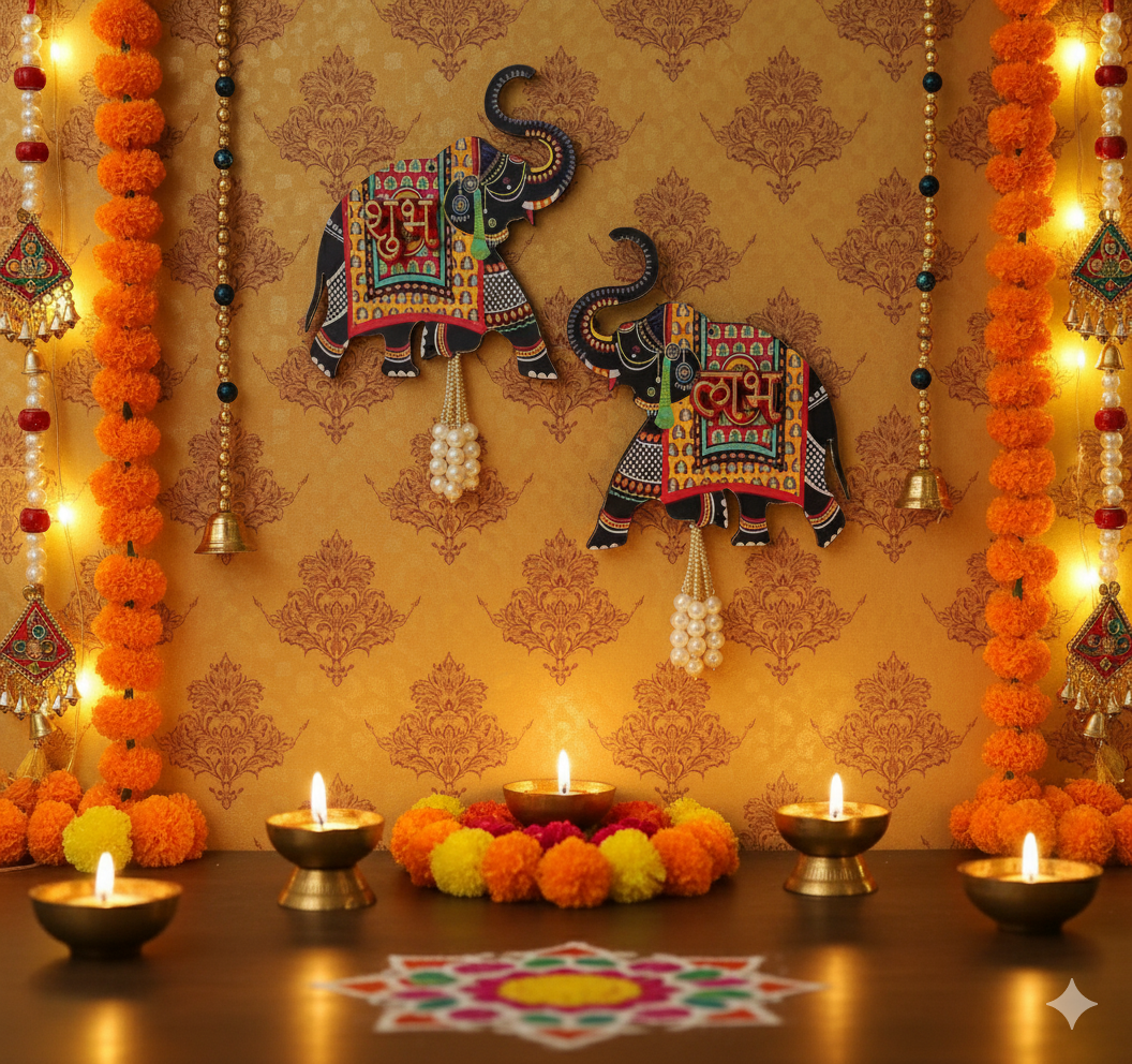 Shubh Labh Elephant MDF Magnet Set – Vibrant Printed Wall & Fridge Décor