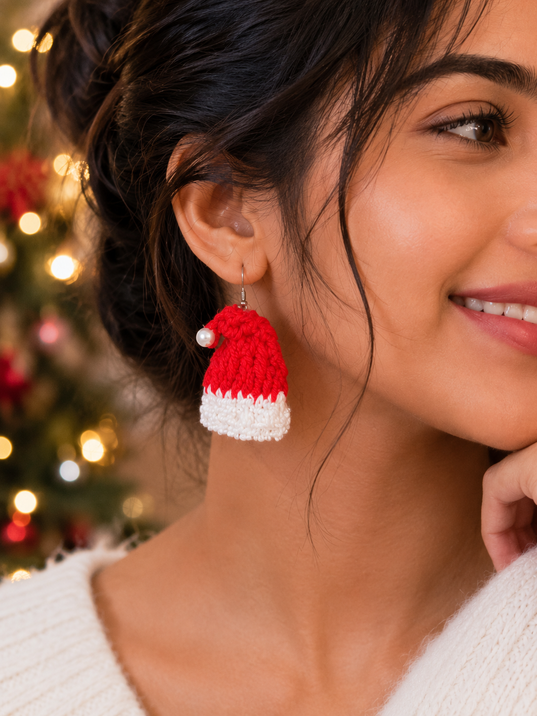 Handmade Crochet Santa Hat Earrings | Christmas Statement Earrings | House of Bulbul