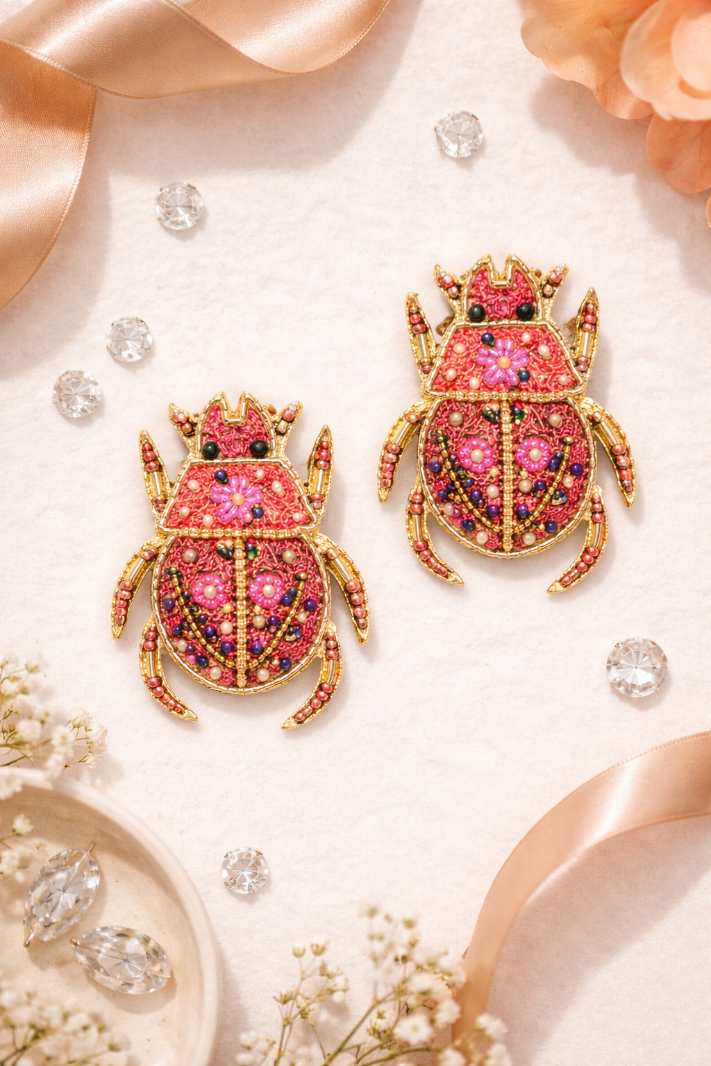 Handmade Beaded Beetle Earrings | Statement Boho Earrings in Pink & Gold | Artisanal Festive Jewelry