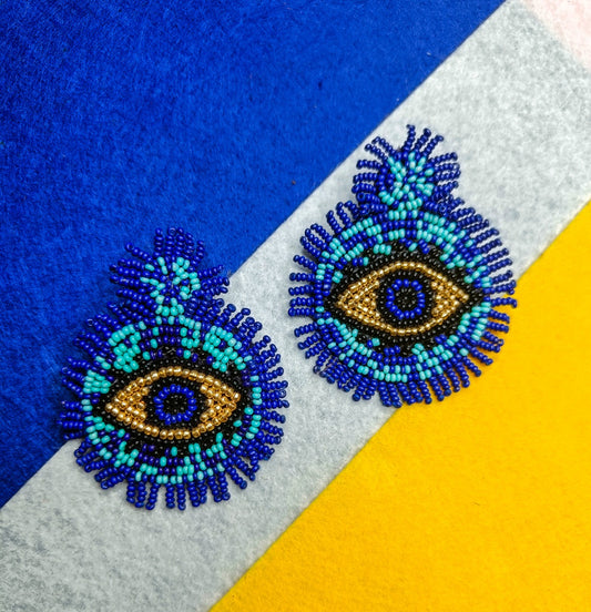 Round evil eye handmade blue earrings