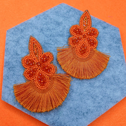 Orange tribal handmade beaded earring