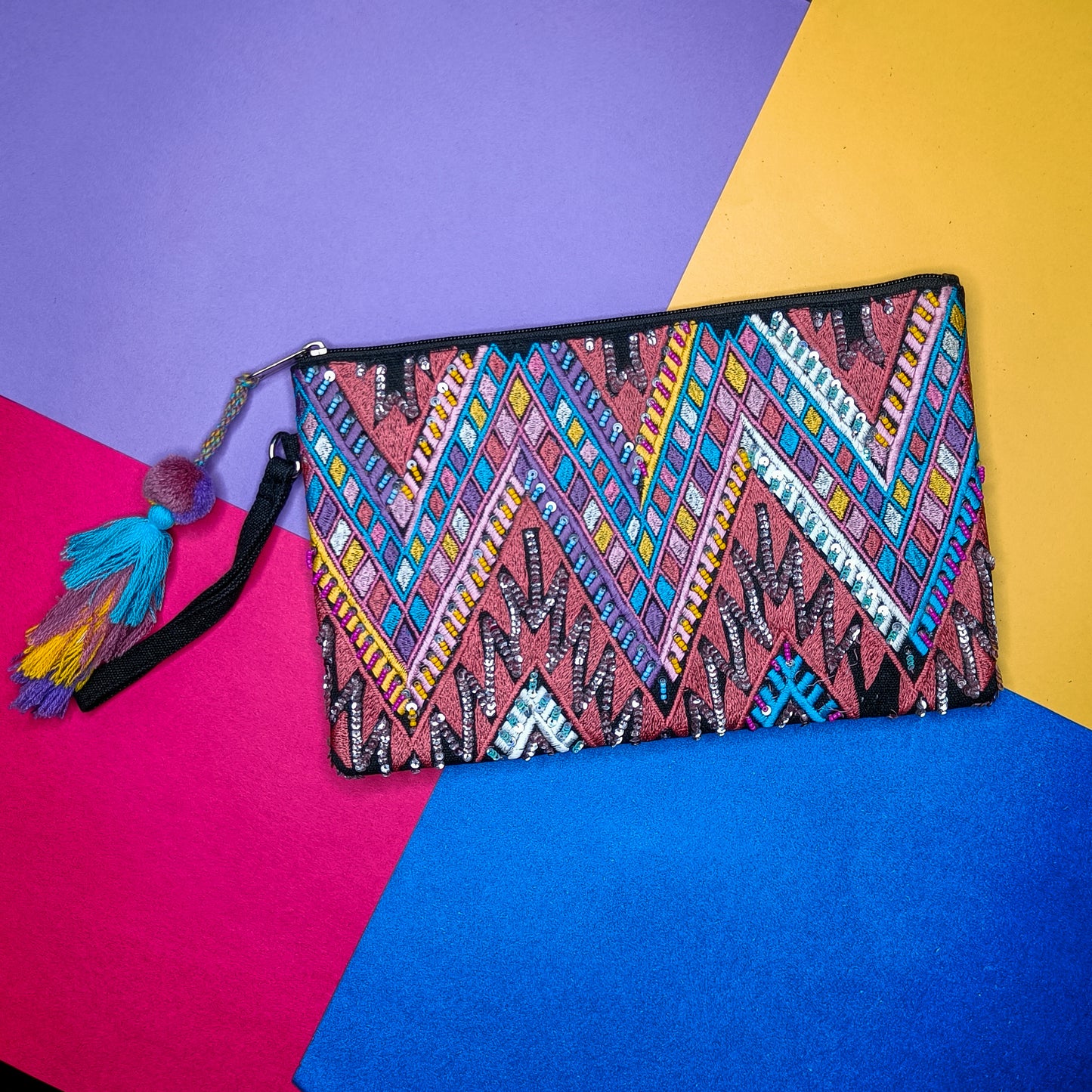 Zig Zag embroidered sequence handmade pouch