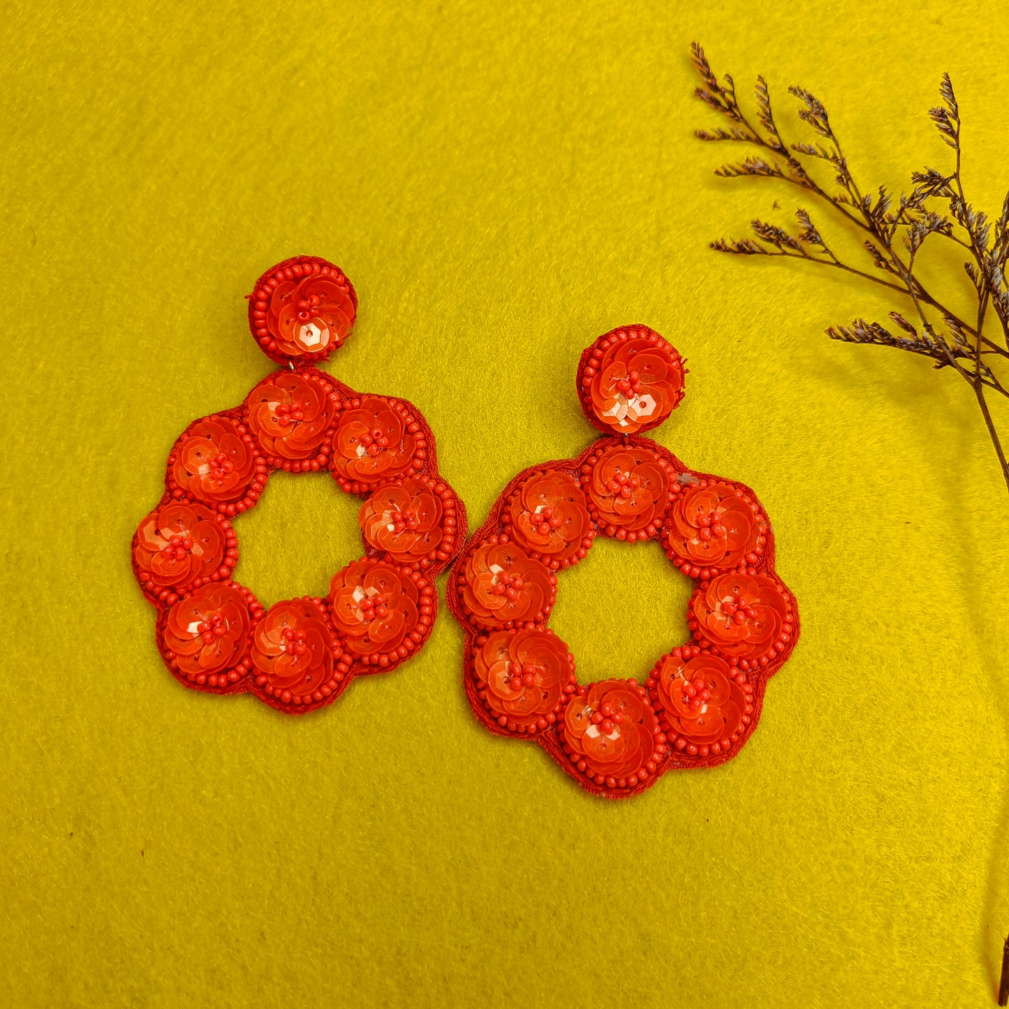 Orange sequence flower handmade earrings